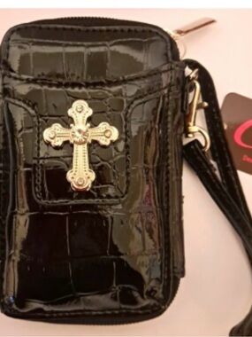 Candie's Black Patent Croc Wristlet with Gold Cross Accent